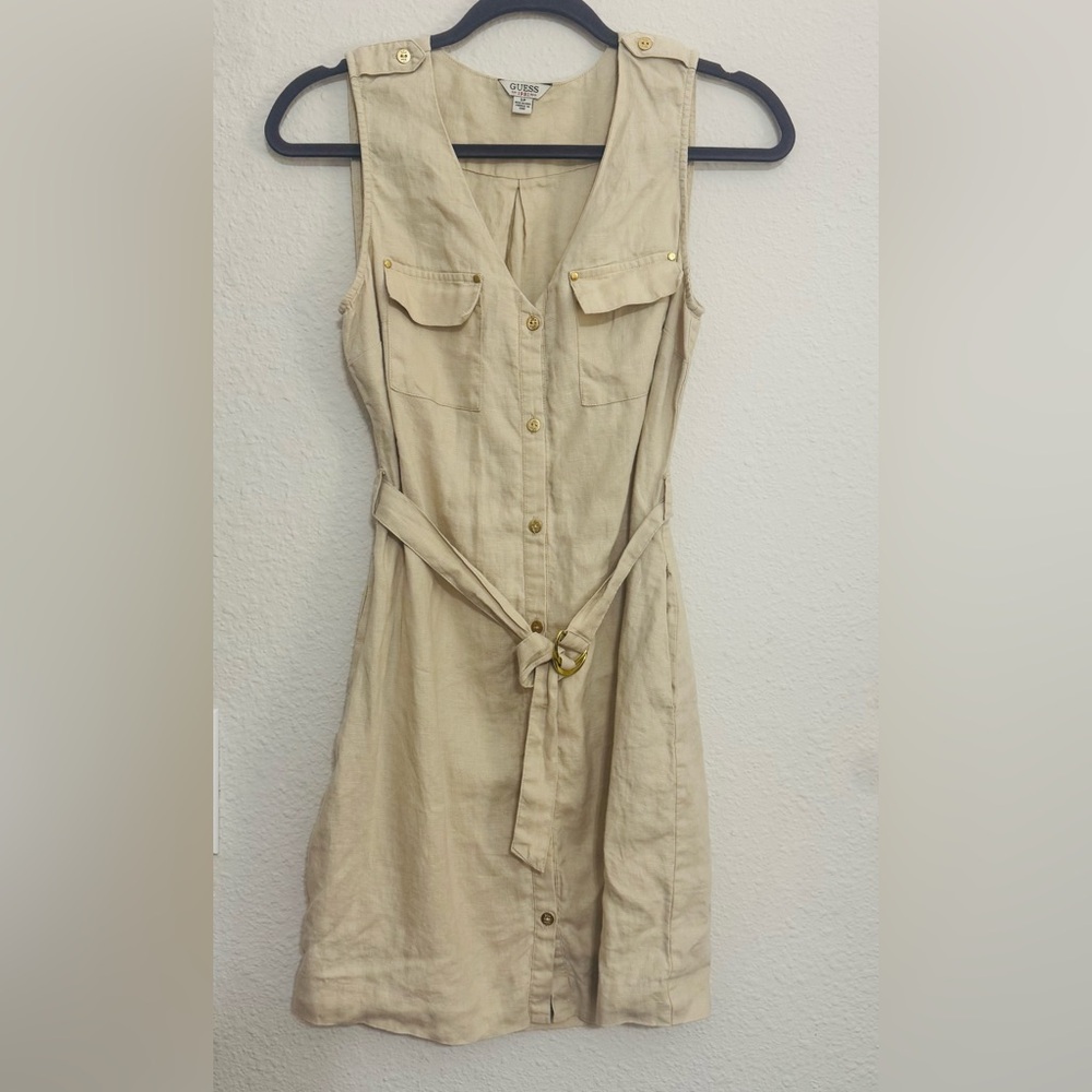 Guess Linen Khaki Dress Sleeveless Button Front Utility Style Size: Small EUC